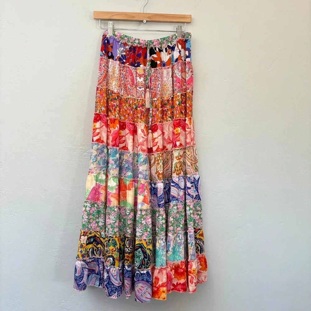 White Burch Floral Maxi Skirt Women Large Multicolor Tiered Gypsy Pull On Flaw - Picture 1 of 14